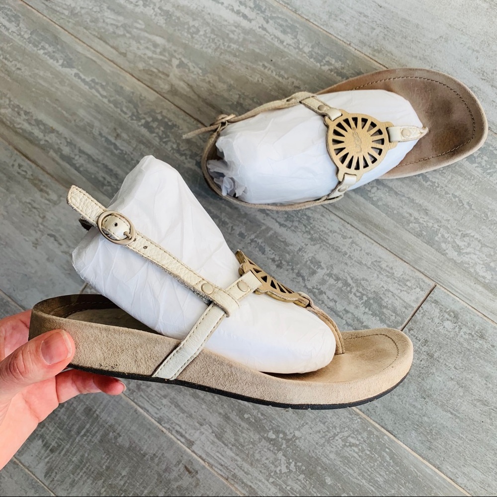 UGG Halendi Sheepskin Heel Puff Genuine Leather Flats Open Toe Sandals Shoes - Picture 3 of 16